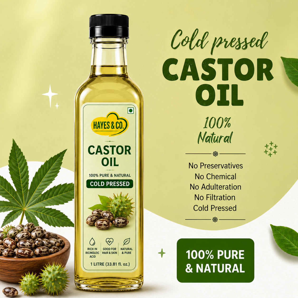 castor oil Heaven Oil Cold Pressed Castor Oil | 100% Pure & Natural | Multipurpose Hair, Skin & Massage Oil - Image 1